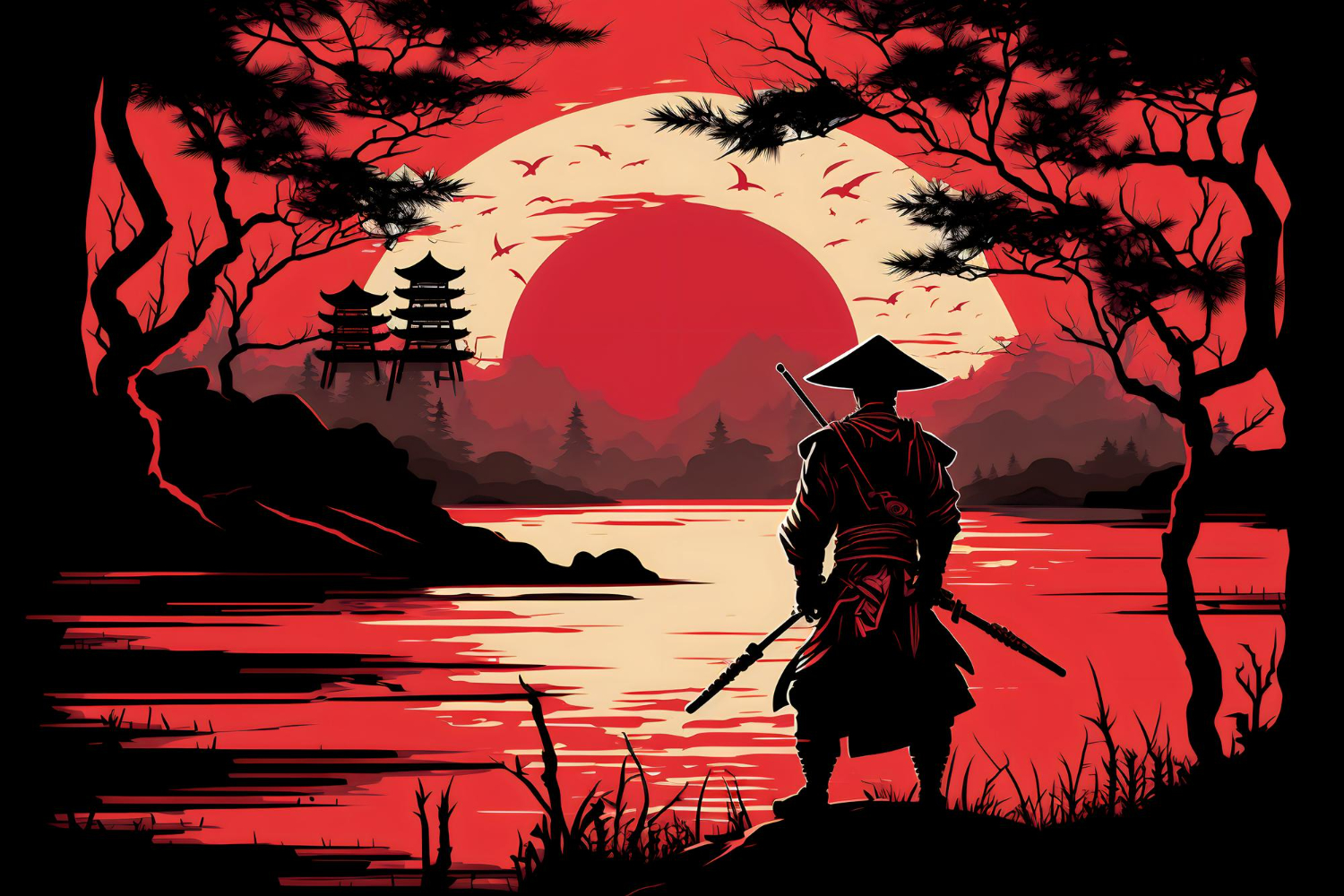 Puzzle Paisaje de Japón con samurai