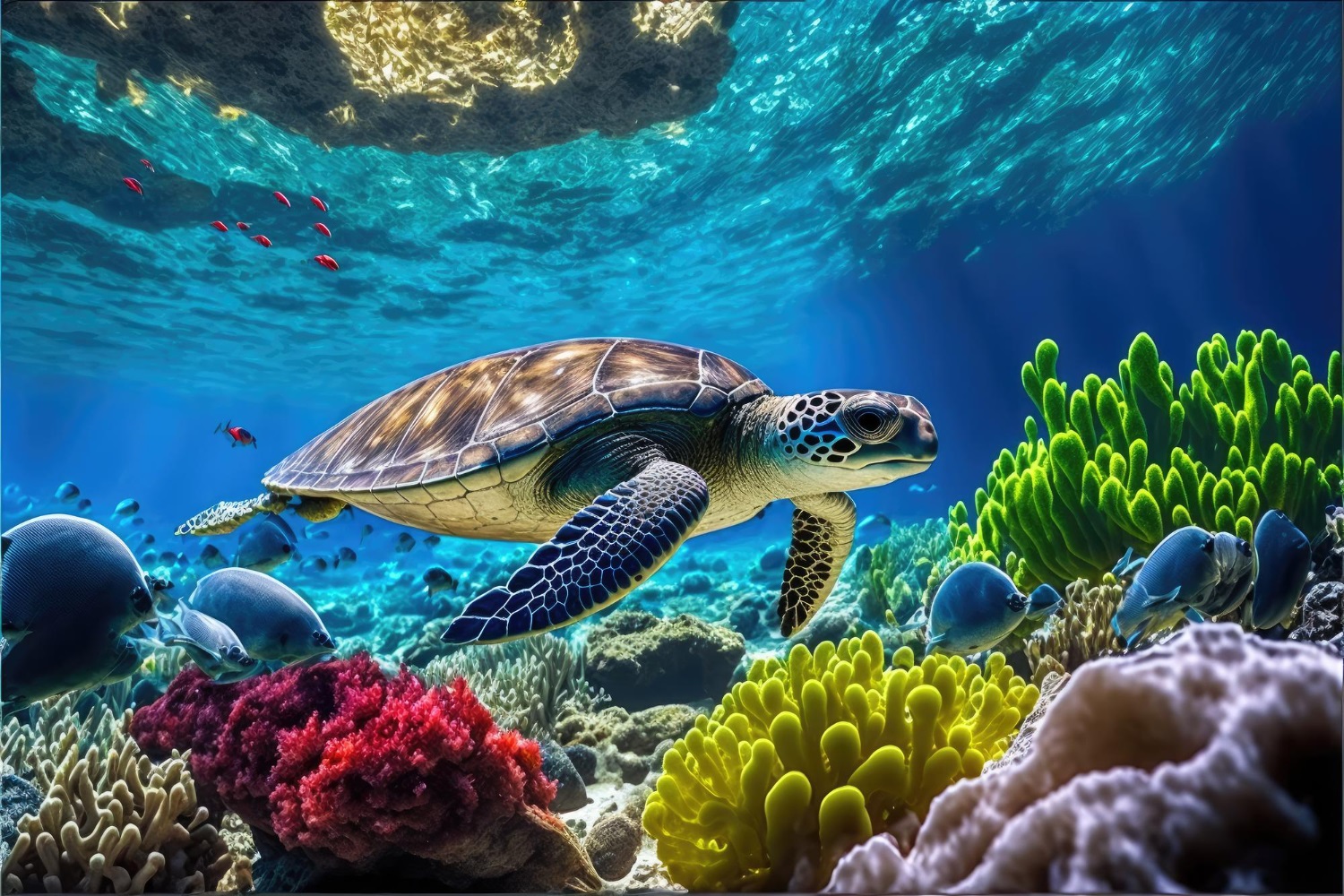 Puzzle Tortuga nadando entre corales